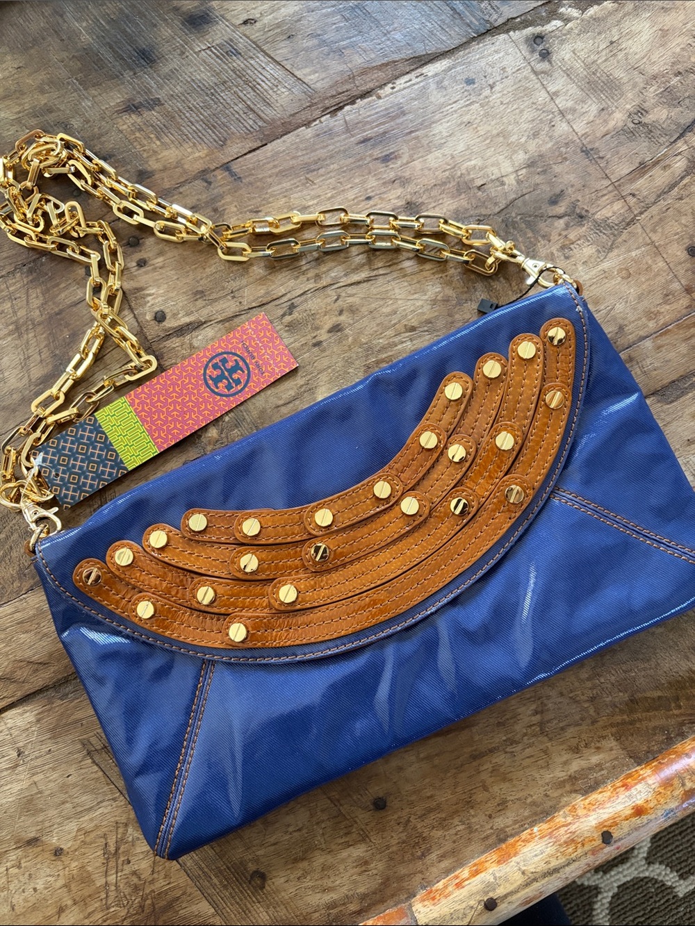 Tory Burch Brewster Blue Nylon Clutch with Brown Leather Studs & Gold Chain